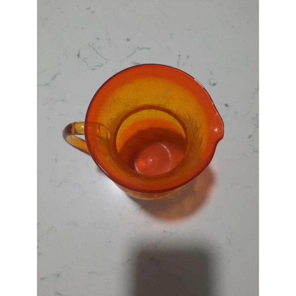 Vintage BLENKO Crackle Hand Blown Art Glass Tangerine/ Amberina Pitcher w Handle